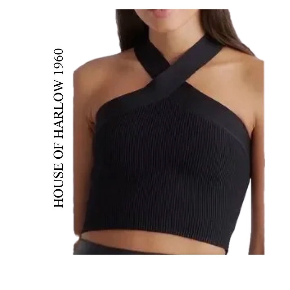 House of Harlow 1960 Black Ribbed Knit Criss Cross Halter‎ Crop Top Size M
